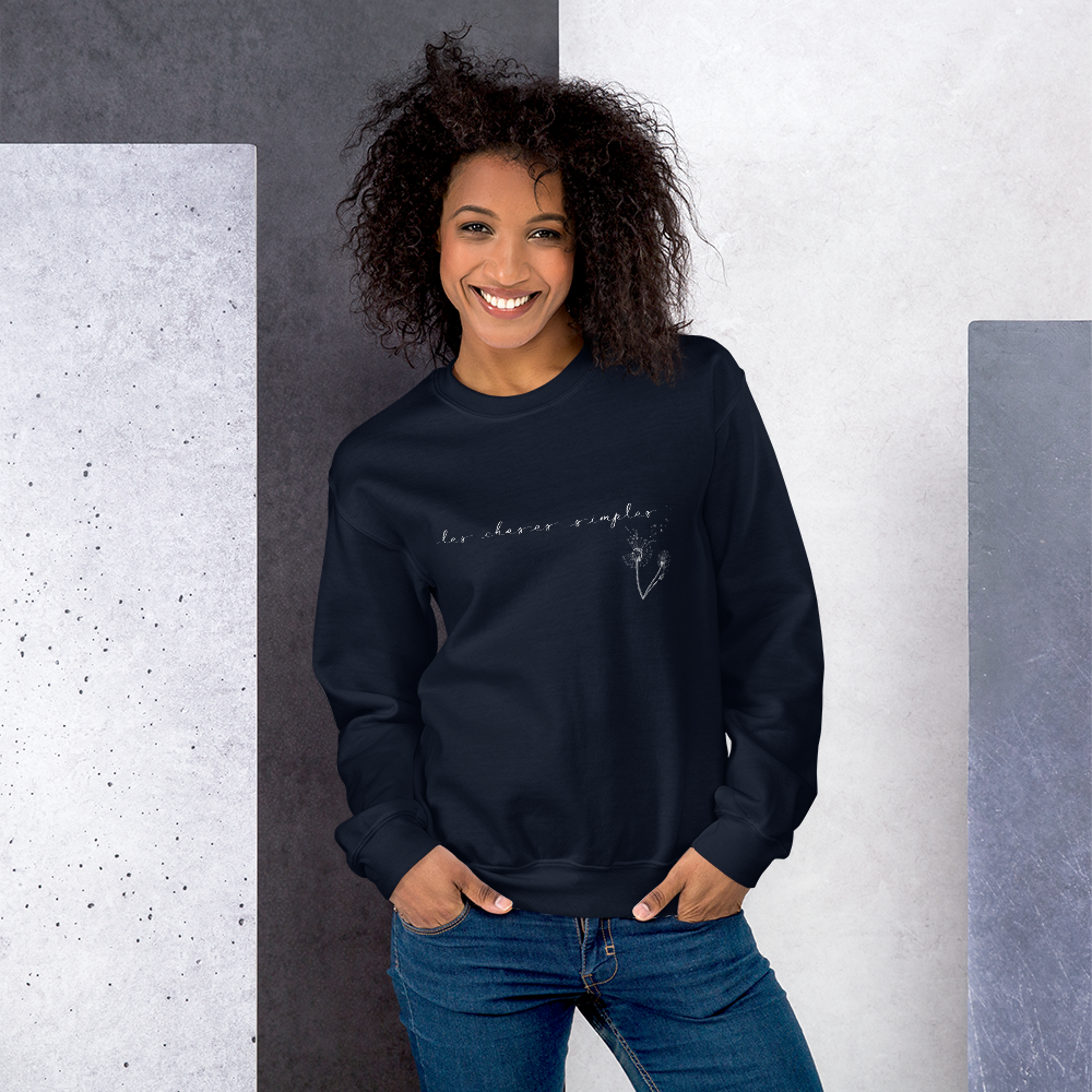 "Les choses simples" is French for “the simple things".  The simplest things, those from our everyday lives, are often the things that add the most meaning to it. This durable, cozy sweatshirt will keep you warm and stylish as you enjoy the simple things of life: a hot cup of coffee, an evening out (or in) with friends...  This ultra-soft pre-shrunk sweatshirt features a loose fit for a comfortable feel.