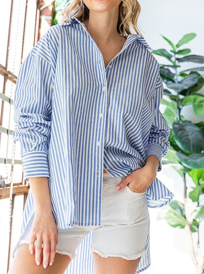 Striped Button Down High-Low Hem Shirt