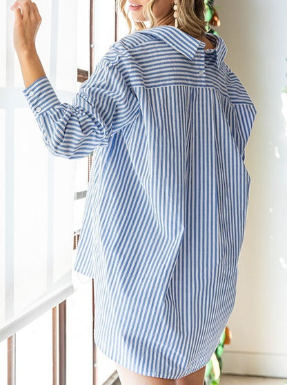 Striped Button Down High-Low Hem Shirt