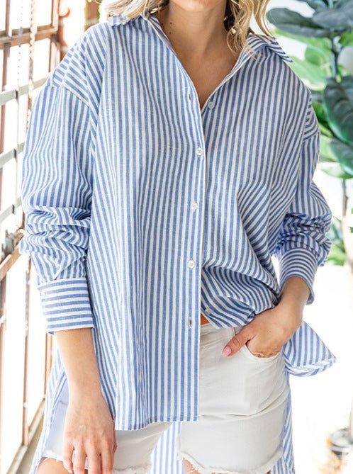 Striped Button Down High-Low Hem Shirt