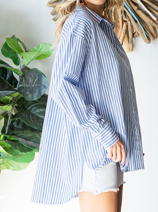 Striped Button Down High-Low Hem Shirt