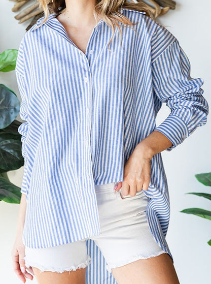 Striped Button Down High-Low Hem Shirt