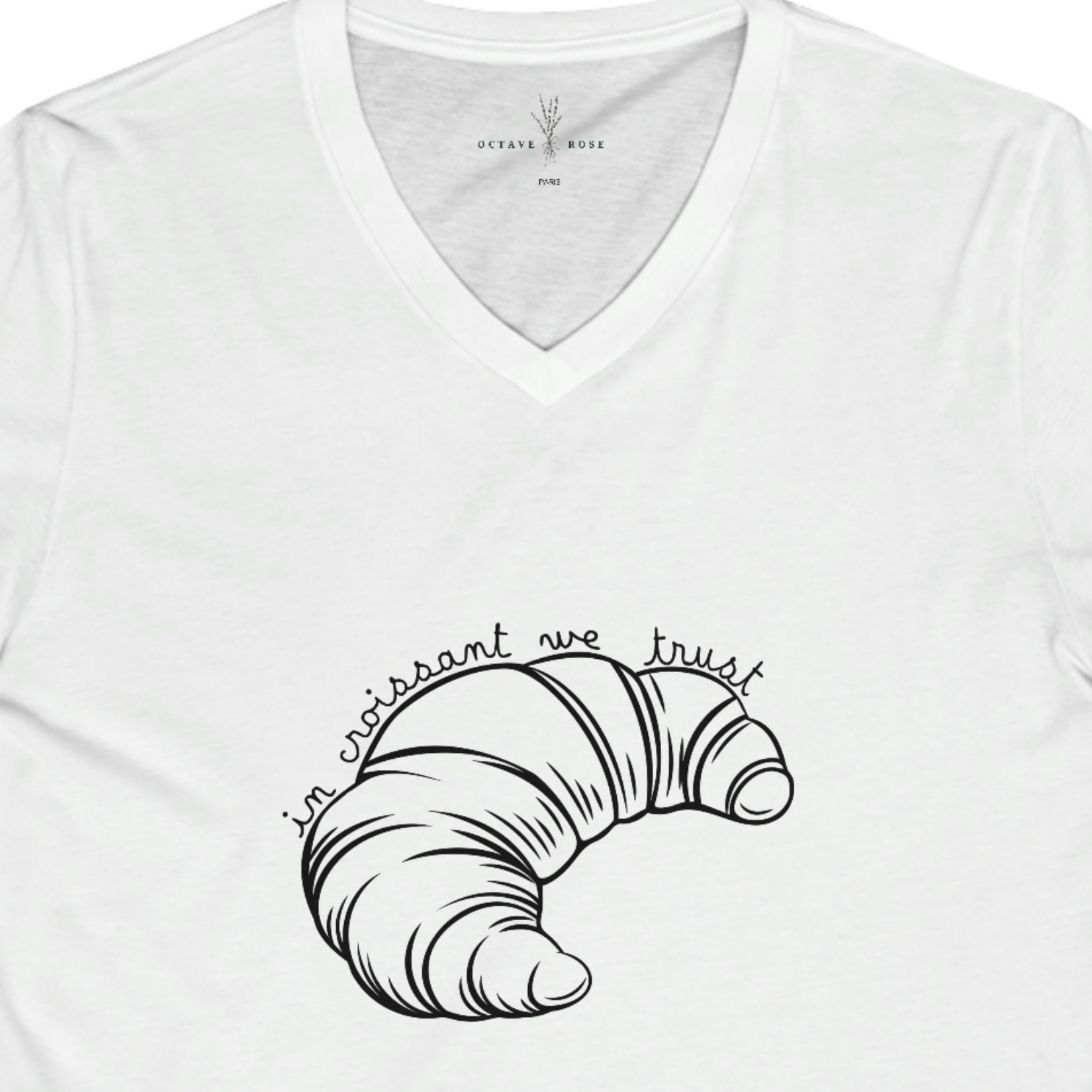 unique white tee tshirt with the sentence in croissant we trust with croissant on it french pastry foodies delicious pastry love food love France