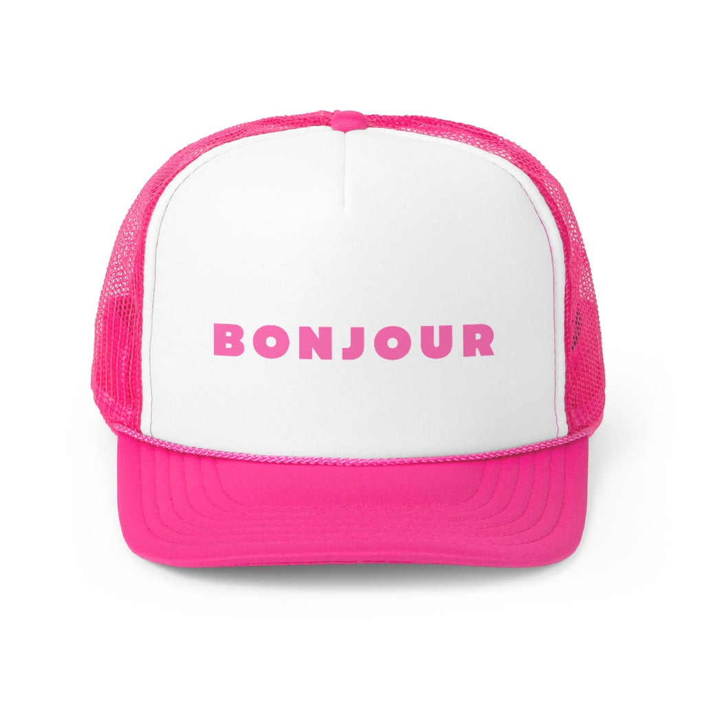 Say hello but in French!  This trucker hat adds a charming and playful finishing touch for any summertime look. Pink hat caps trucker caps