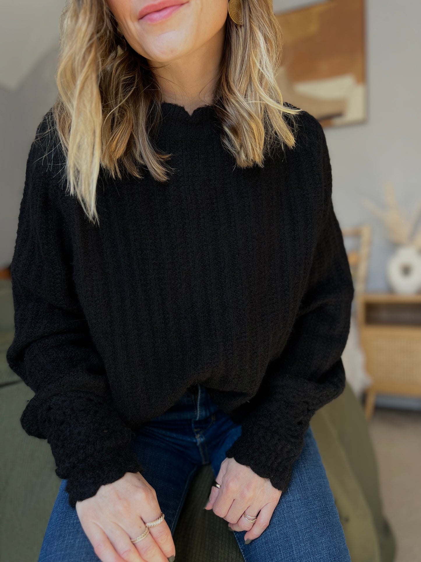 chic mock neck warm black knitted jumper sweater