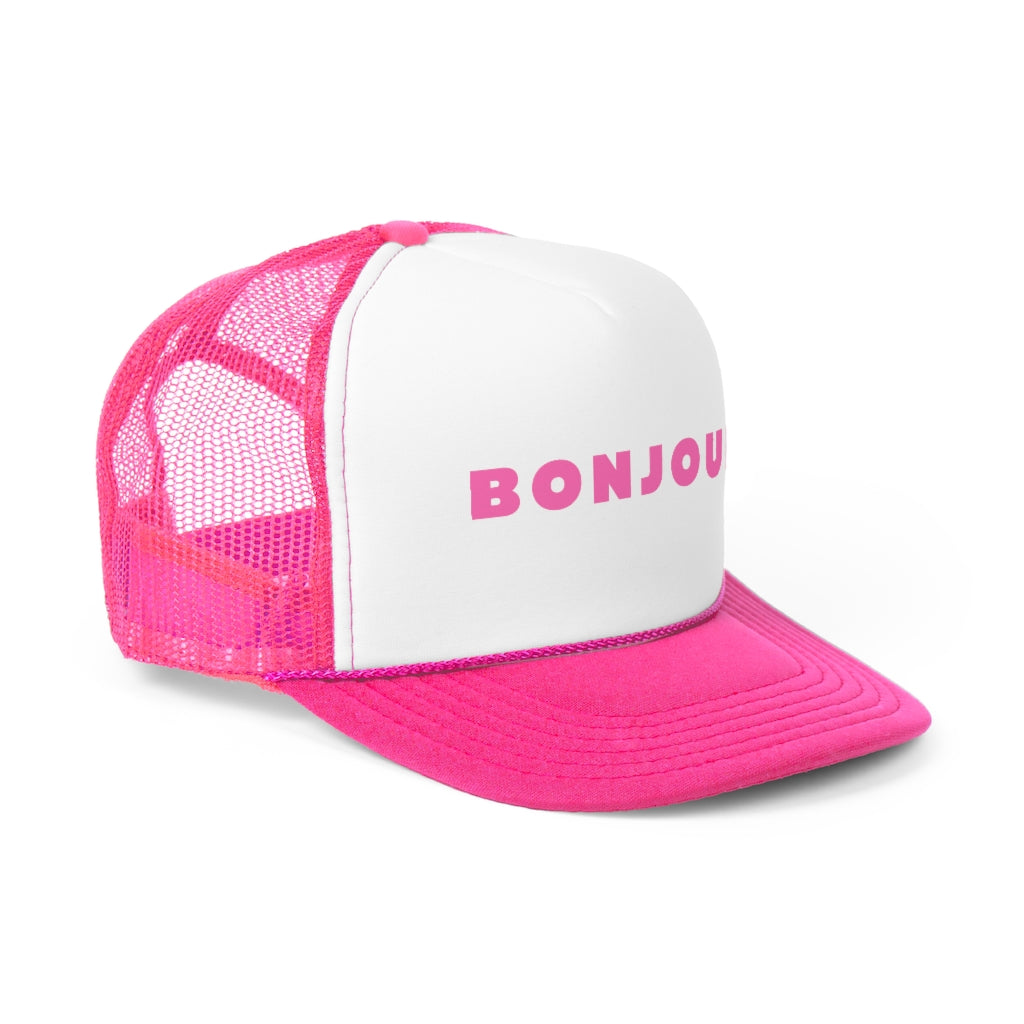 Say hello but in French!  This trucker hat adds a charming and playful finishing touch for any summertime look. Pink hat caps trucker caps