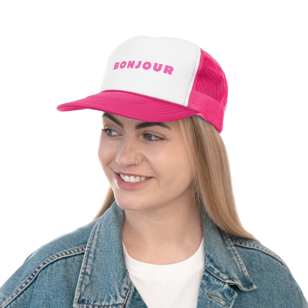 Say hello but in French!  This trucker hat adds a charming and playful finishing touch for any summertime look. Pink hat caps trucker caps