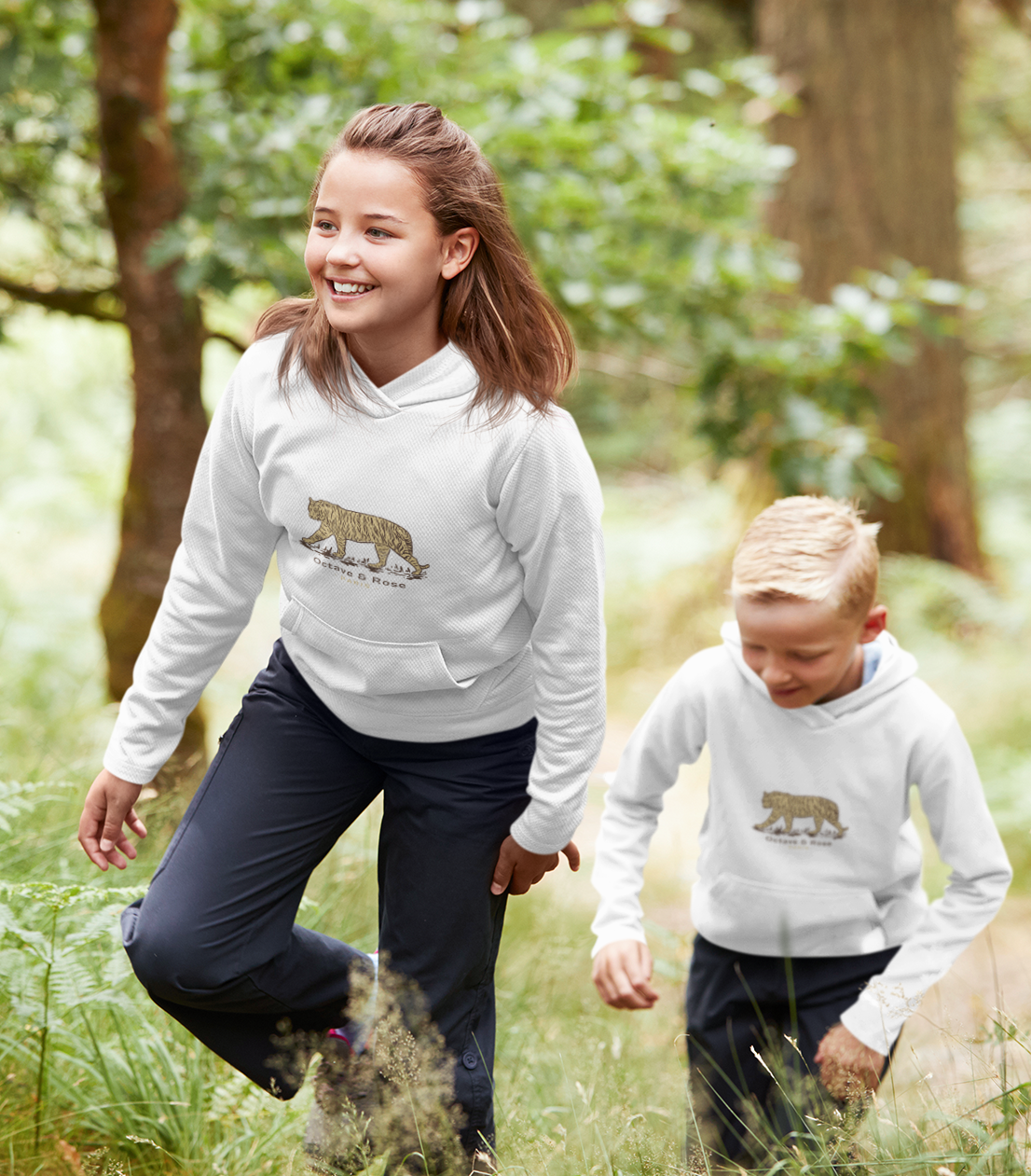 Ideal for any situation, staying warm at home or comfortable playing outside, or going on an autumn hike or walk is easy to do with the tiger tiger hoodie. kids girl boy matchy white happy french  style trend trendy beautiful